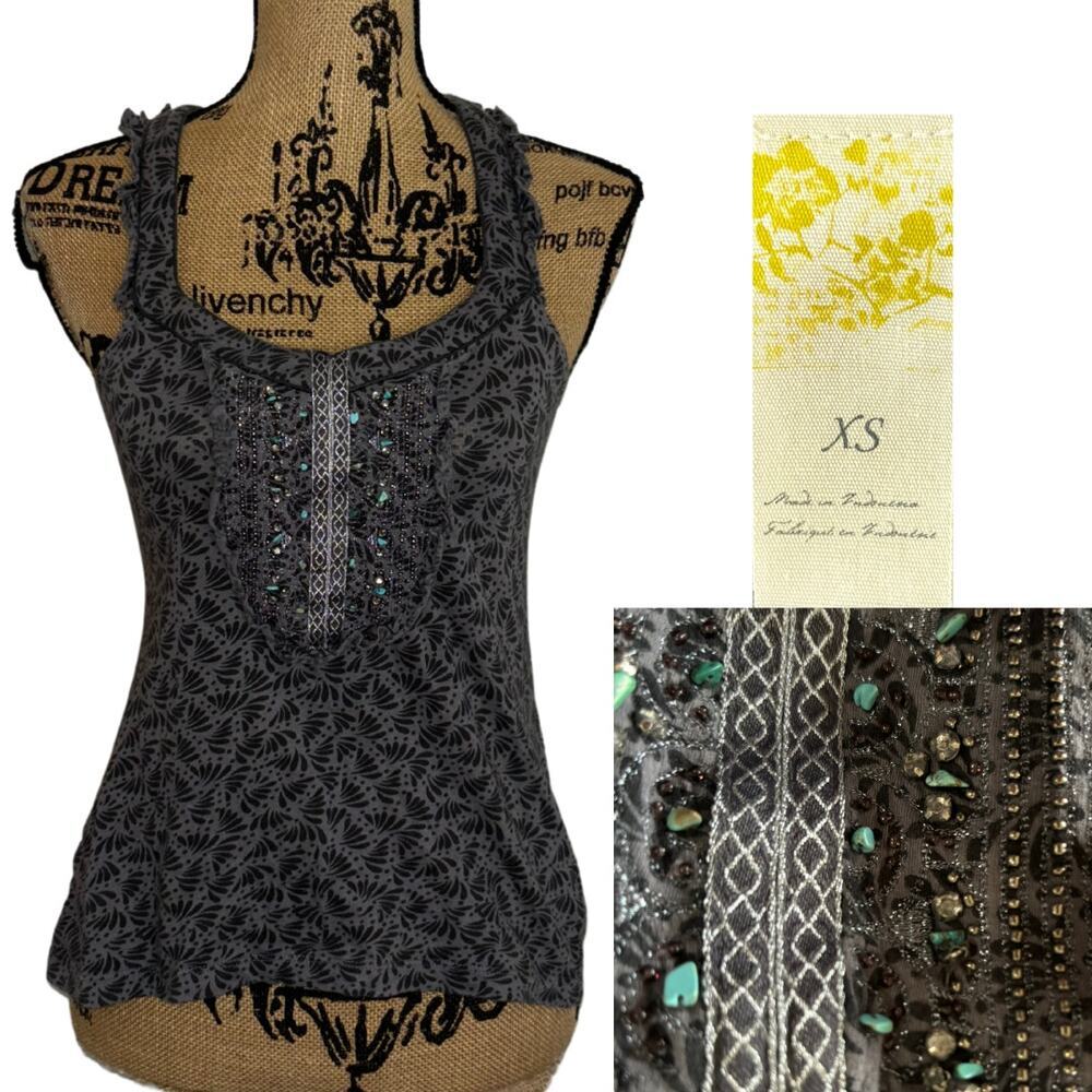 Francescas Beaded Ruffle Tank Top Gray Size XS Boho Chic Trendy Bohemian